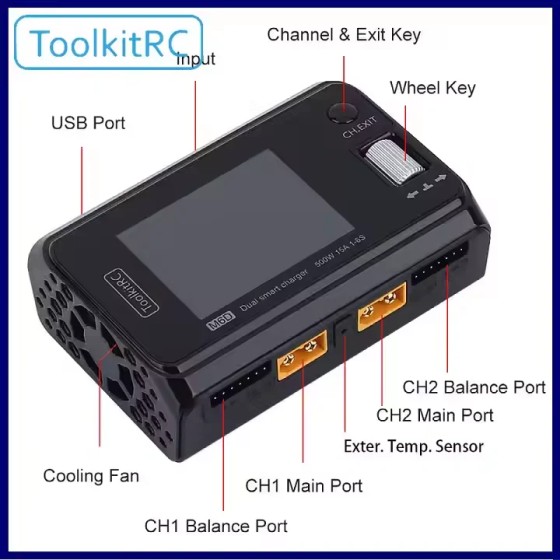 ToolkitRC M6D Dual Charger 500w 15A High Power 1-6S Dual Smart Discharger Battery Balance Charger for RC Drone Kit